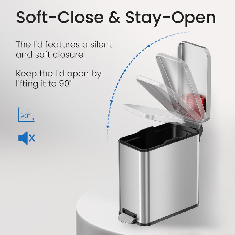 iTouchless SoftStep 3 Gallon Small Slim Step Pedal Bathroom Trash Can, AbsorbX Odor Control System, Removable Inner Bucket, Fingerprint-Proof Stainless Steel Wastebasket, Restroom, Office, Tight Space - Image 5